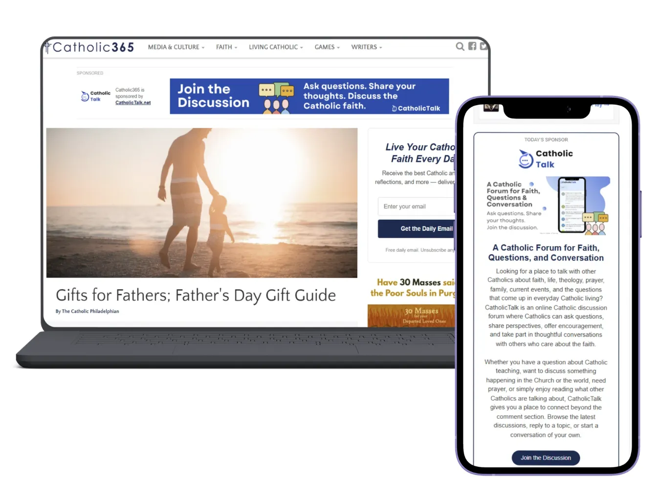 Catholic365 Daily Sponsor Package showing website and email sponsorship placements